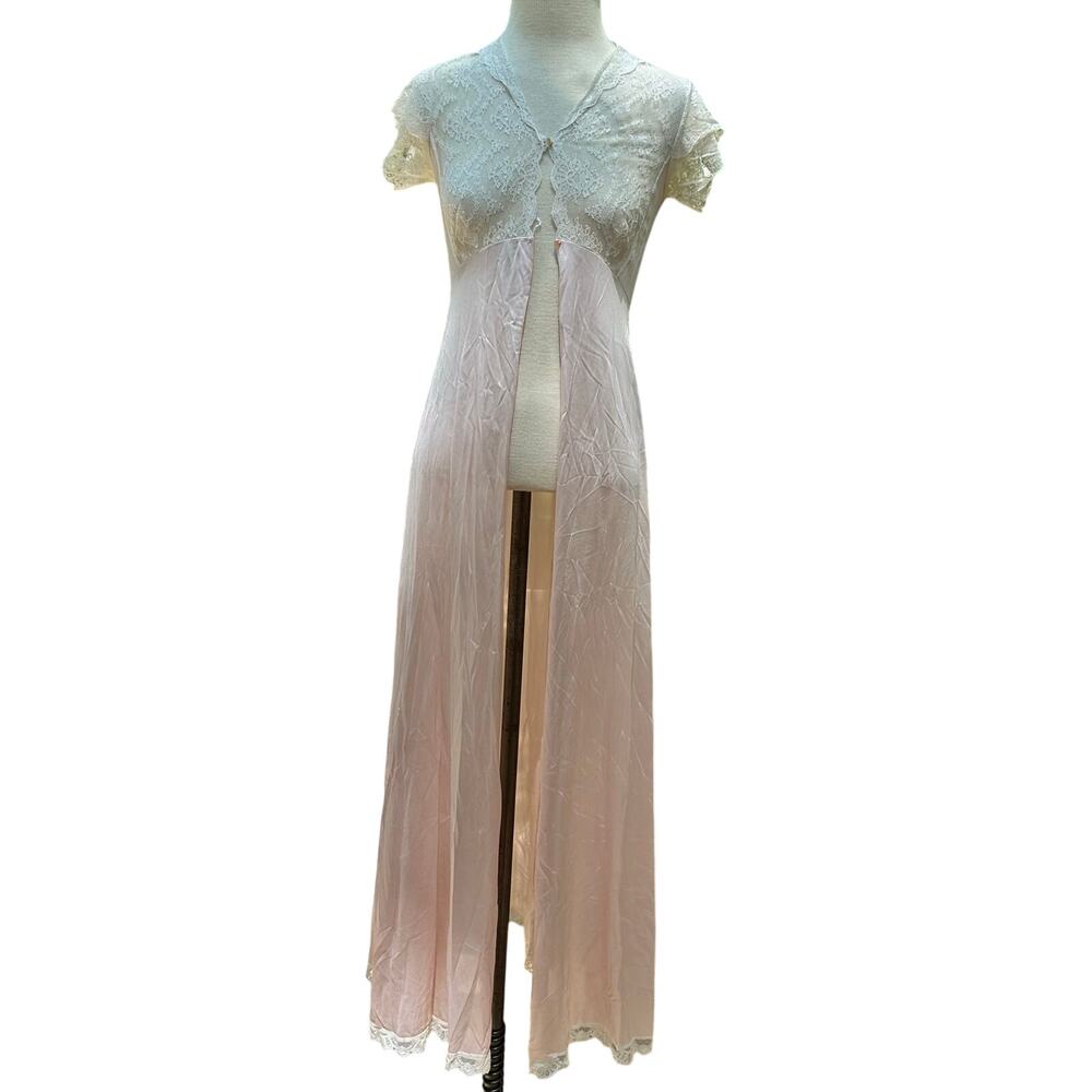 Vintage Satin Blush Pink Lace Slip Dress Robe Negligee Size XS/S Womens